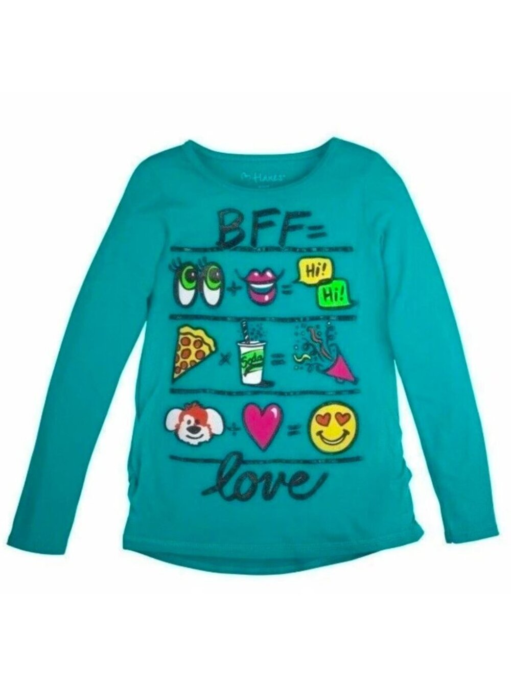 Hanes Girls Green Long Sleeve Graphic Tee With "BFF Love" Emoji Design Soft Rayo - Picture 2 of 8